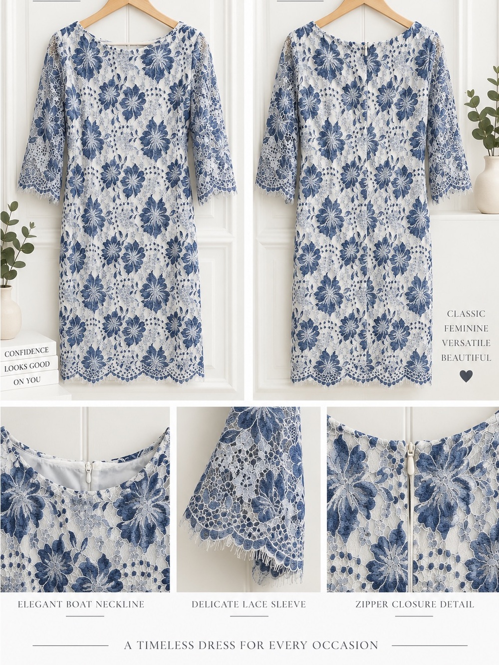 Jessica Howard Blue & White Floral Lace Long Sleeve Dress
